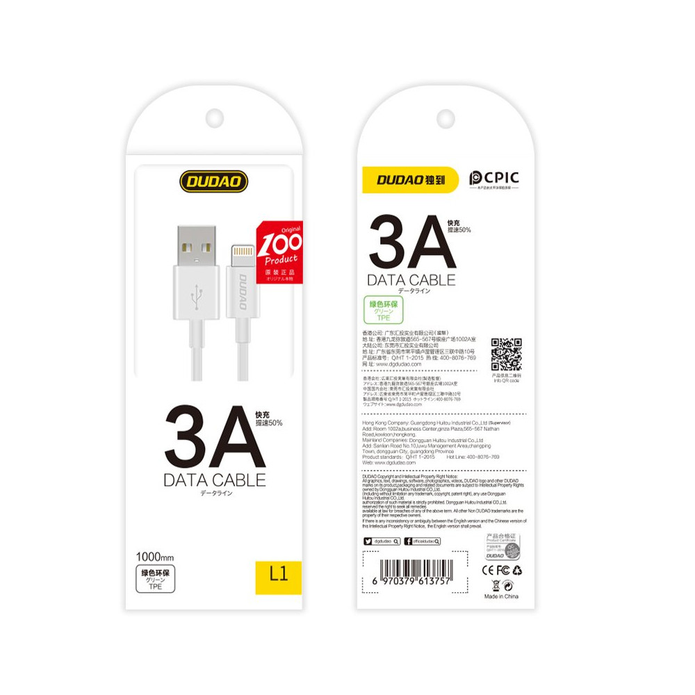 Kabeļu kabelis iPhone USB - Zibens 3A 1m balts