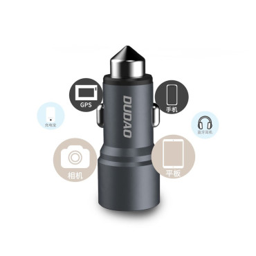 Avtomobilski polnilnik z varnostnim kladivom za 2x USB 5V 3.1A Grey