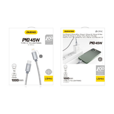 Patvarus kabelių viela iPhone USB-C - Žaibo maitinimo pristatymas 45W 1m Gray