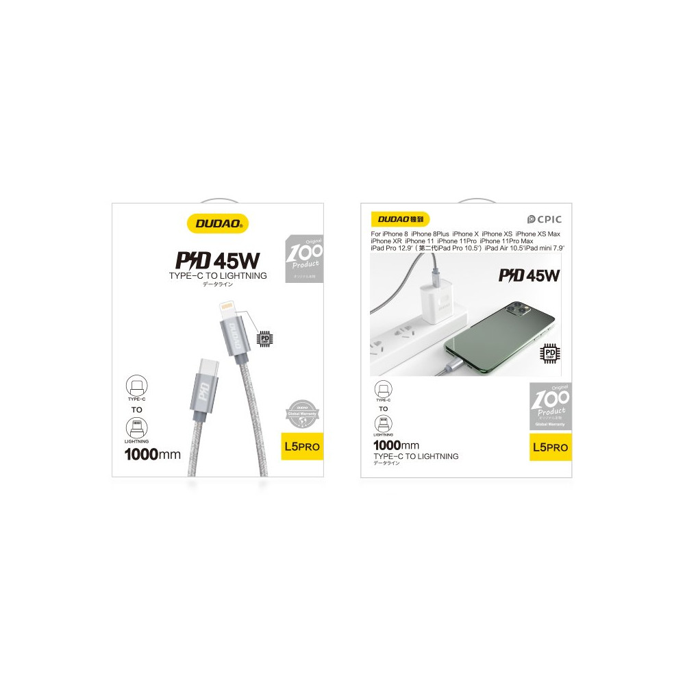 Fio de cabo durável para o iPhone USB-C - Entrega de energia de Lightning 45w 1m cinza
