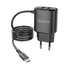 2x USB hálózati töltő beépített mikro USB 12W fekete kábellel