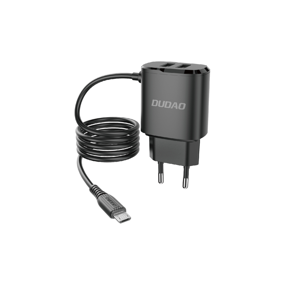 2x USB-nettverkslader med innebygd mikro USB 12W svart kabel 2x USB-nettverkslader med innebygd mikro USB 12W svart kabel