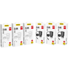 2x USB-netværks oplader med indbygget mikro USB 12W sort kabel