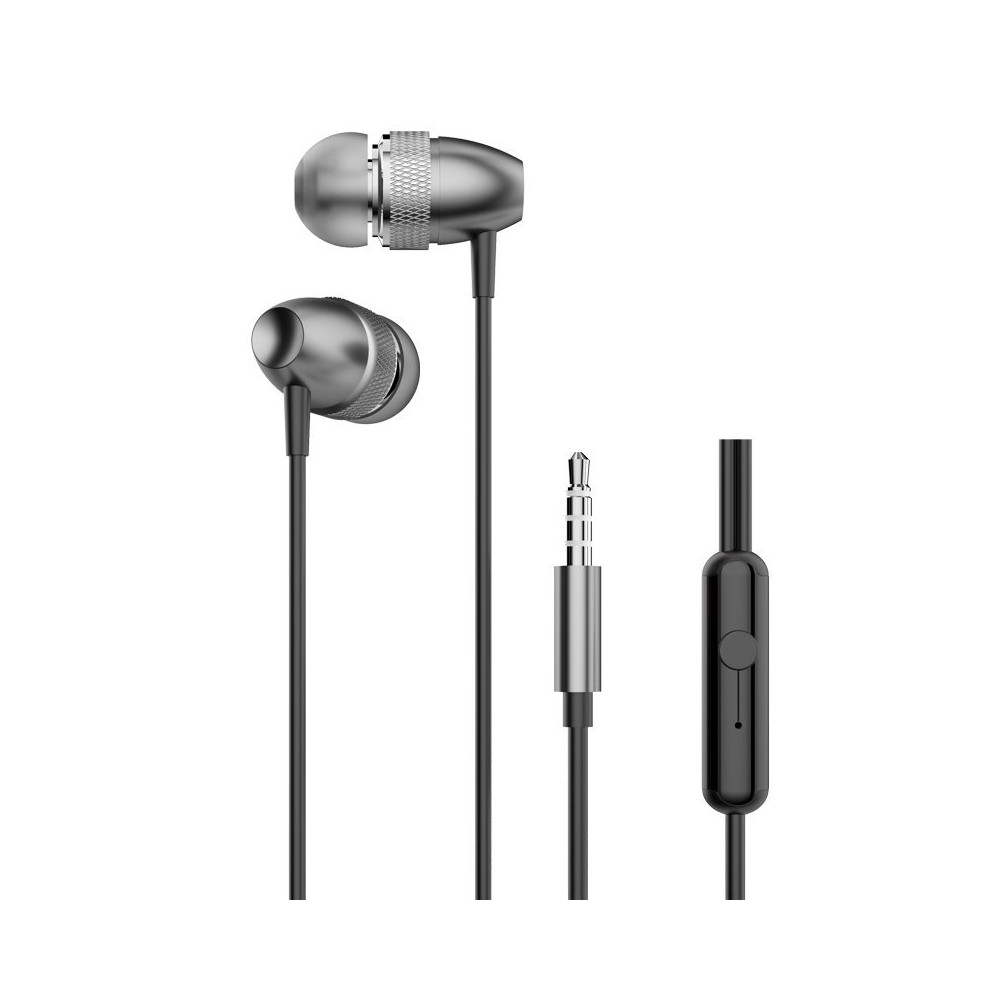 Fones de ouvido seguem o fone de ouvido com um conector de 3,5 mm mini jack cinza