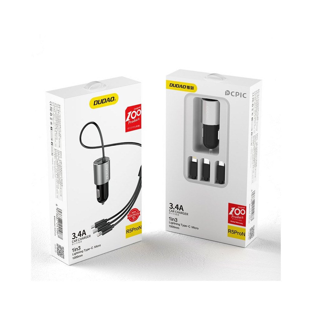 3IN1 USB-auton laturi + Sisäänrakennettu salama USB-C Micro USB Musta kaapeli