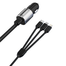Chargeur de voiture USB 3in1 + Lightning intégré Câble noir USB-C micro USB