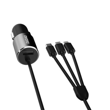 3in1 USB Car Charger + Vgrajena strela USB-C micro USB črni kabel