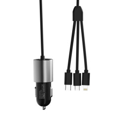 3in1 USB autós töltő + beépített villám USB-C mikro USB fekete kábel