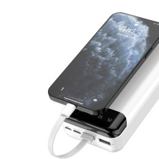 IESPĒJAS POWERBANK 20000MAH ar 3 iebūvētiem USB-C Microousb zibens baltiem kabeļiem