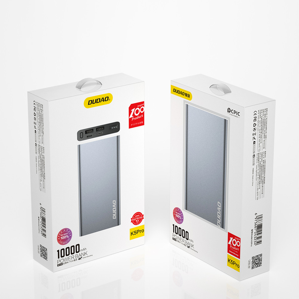 Powerbank 10000mAh metal med sølv ladningsniveauindikator