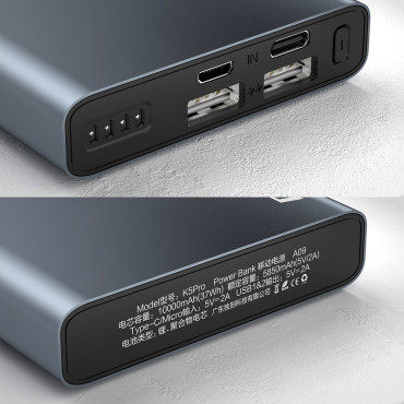 PowerBank 10000mah metāls ar sudraba uzlādes līmeņa indikatoru