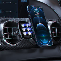 Magnētiskā auto rokturis uz F8H telefona uz melna ventilācijas režģa