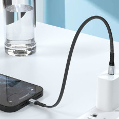 Kabeļu plakanā vads Īss uz iPhone USB-C - Zibens L10P PD 20W 23cm melns
