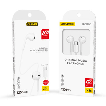 Headphones X3C em orelha com um conector USB-C em branco
