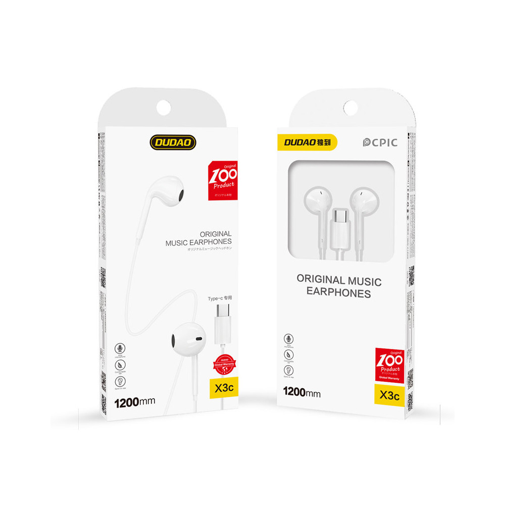 Headphones X3C em orelha com um conector USB-C em branco