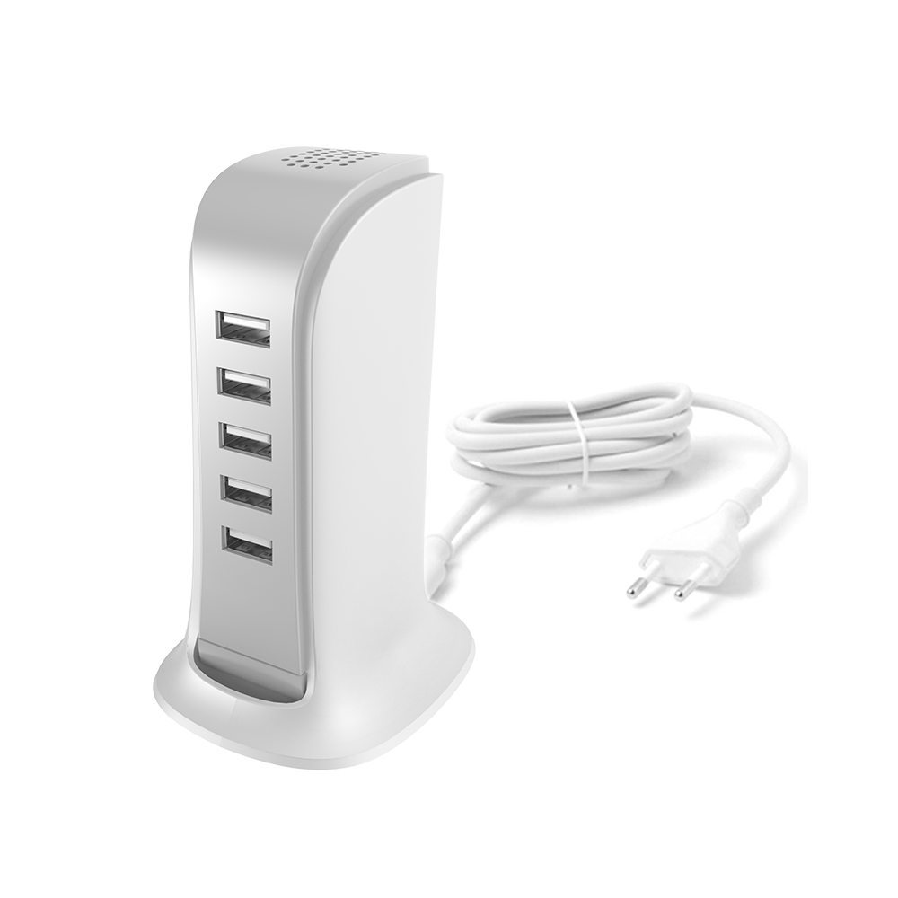 A5eu Polnilnik za pet 5x USB naprav z vgrajenim belim omrežnim kablom