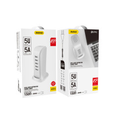 A5eu Polnilnik za pet 5x USB naprav z vgrajenim belim omrežnim kablom