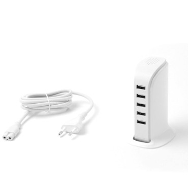 A5eu Polnilnik za pet 5x USB naprav z vgrajenim belim omrežnim kablom