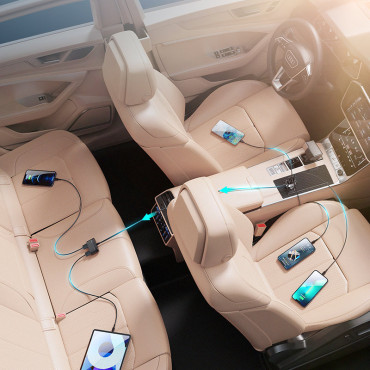 Carregador de carro rápido para 5x USB-A com uma extensão 45w preta