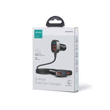 Carregador de carro rápido para 5x USB-A com uma extensão 45w preta
