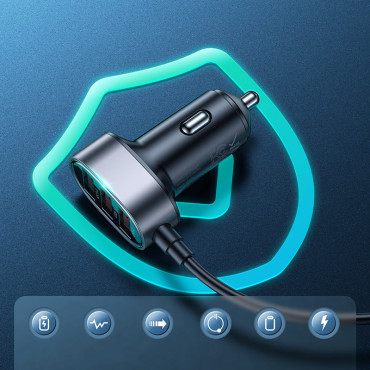 Carregador de carro rápido para 5x USB-A com uma extensão 45w preta