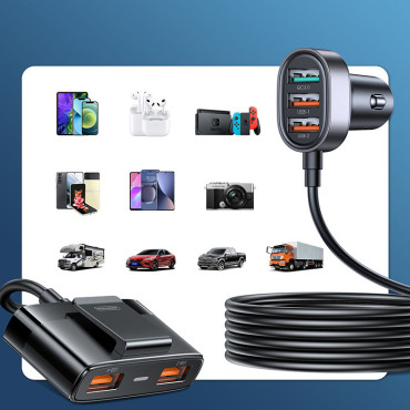 Ātra auto lādētājs 5x USB-A ar pagarinājumu 45W melns