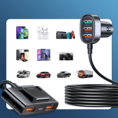 Carregador de carro rápido para 5x USB-A com uma extensão 45w preta