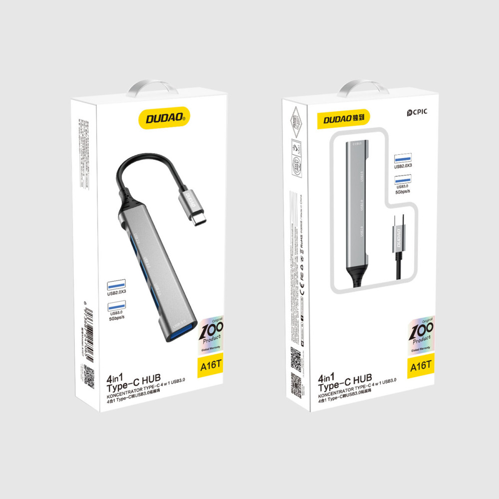 HUB Distributörsadapter med USB-C-uttag för 4x USB Svart Grå