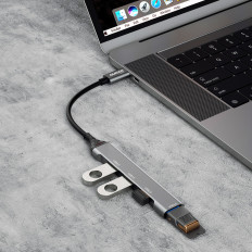 Hub distributør adapter med USB-C-stikkontakt til 4x USB sort grå