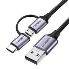 Fil de câble 2in1 dans une colle USB forte - microousb + USB-C 1M 2,4a noir