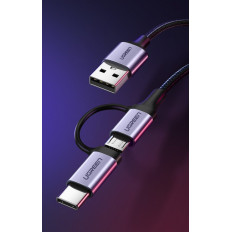 2in1 kabelska žica v močnem USB lepilu - Microughb + USB-C1M 2.4A črna