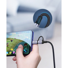 2w1 Kabel przewód w mocnym oplocie USB - microUSB + USB-C 1m 2.4A czarny