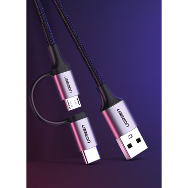 2in1 καλώδιο καλωδίου σε ισχυρή κόλλα USB - Microug + USB-C 1m 2.4a Μαύρο