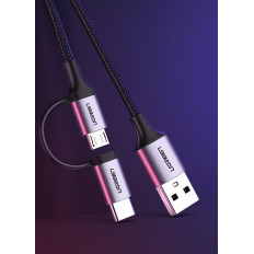 2in1 kabelska žica v močnem USB lepilu - Microughb + USB-C1M 2.4A črna