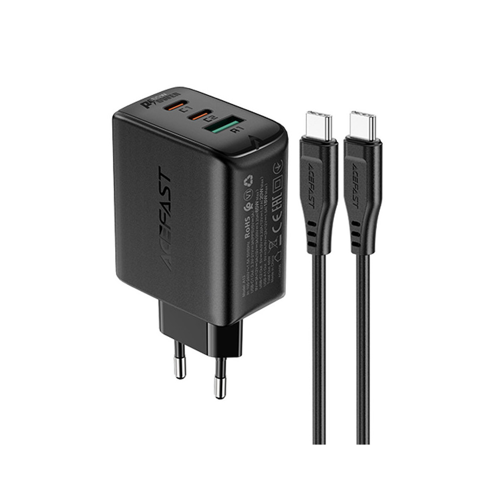 2IN1 Nätverk Laddare 2x USB-C USB 65W + USB-C-kabel Svart