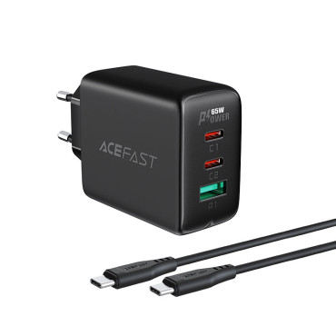 2IN1 Nätverk Laddare 2x USB-C USB 65W + USB-C-kabel Svart