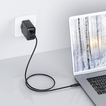 2IN1 Nätverk Laddare 2x USB-C USB 65W + USB-C-kabel Svart