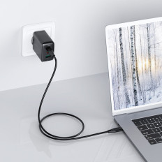 2IN1 Nätverk Laddare 2x USB-C USB 65W + USB-C-kabel Svart