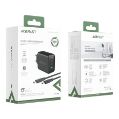 2IN1 Nätverk Laddare 2x USB-C USB 65W + USB-C-kabel Svart