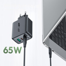 2IN1 Nätverk Laddare 2x USB-C USB 65W + USB-C-kabel Svart