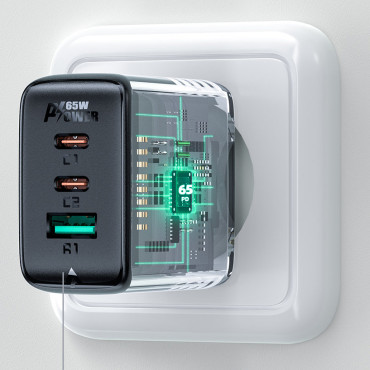 2IN1 Nätverk Laddare 2x USB-C USB 65W + USB-C-kabel Svart