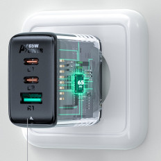 2IN1 Nätverk Laddare 2x USB-C USB 65W + USB-C-kabel Svart