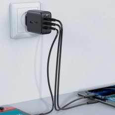 2IN1 Nätverk Laddare 2x USB-C USB 65W + USB-C-kabel Svart