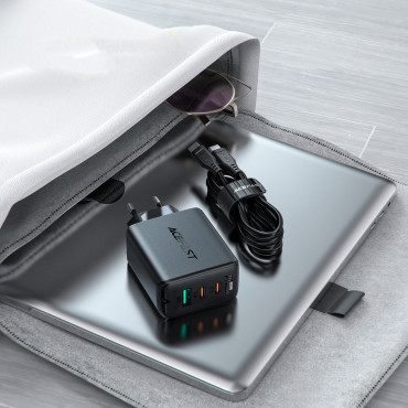2IN1 Nätverk Laddare 2x USB-C USB 65W + USB-C-kabel Svart