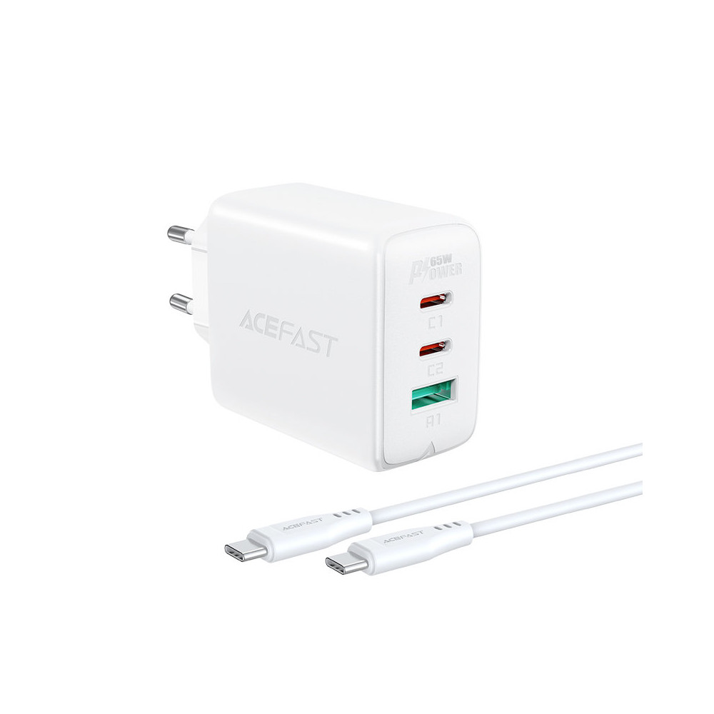 2in1 φορτιστής δικτύου 2x USB-C USB 65W + καλώδιο USB-C λευκό