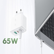 2in1 carregador de rede 2x USB-C USB 65W + cabo USB-C branco