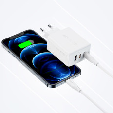 2in1 carregador de rede 2x USB-C USB 65W + cabo USB-C branco
