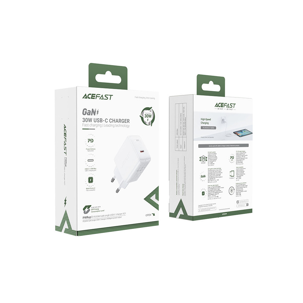 Carregador de rede GAN USB-C 30W PD QC 3.0 AFC FCP Branco