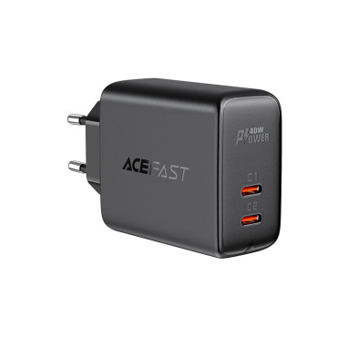 Φορτιστής δικτύου 2x USB-C 40W PPS PD QC 3.0 AFC FCP μαύρο