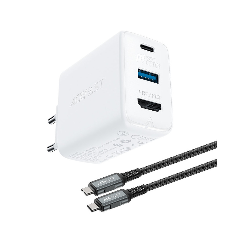 2In1 Nätverksladdare med USB-C-kabel + Adapteradapter USB-C - HDMI 4K Vit